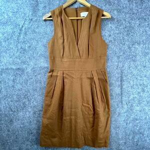 Adam Lippes Dress 6 Brown Pleated Surplice Neck Neutral Basic Minimalist Classic